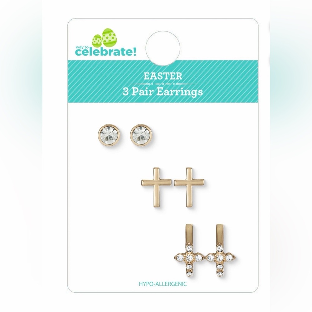 Way To Celebrate Easter Gold Tone Cross & Rhinestone Earring Set - 3 Pairs